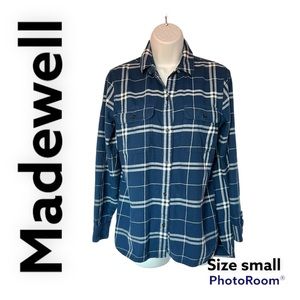 Madewell women navy white plaid flannel top long sleeve button front Sz Small